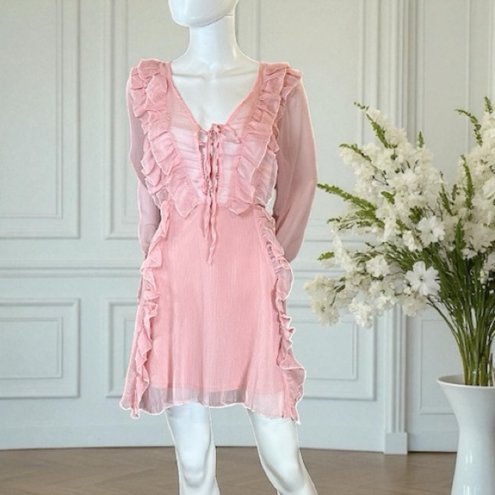 Women’s Love X Design Ruffle Peasant Ruffles Semi Sheer Mini Dress in size L